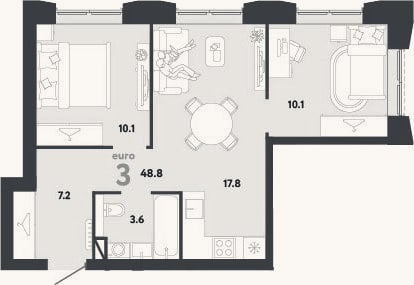 Планировка: 3-к, 48,8 м²