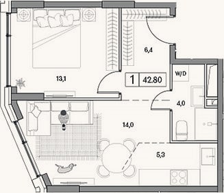 Планировка: 2-к, 42,8 м²