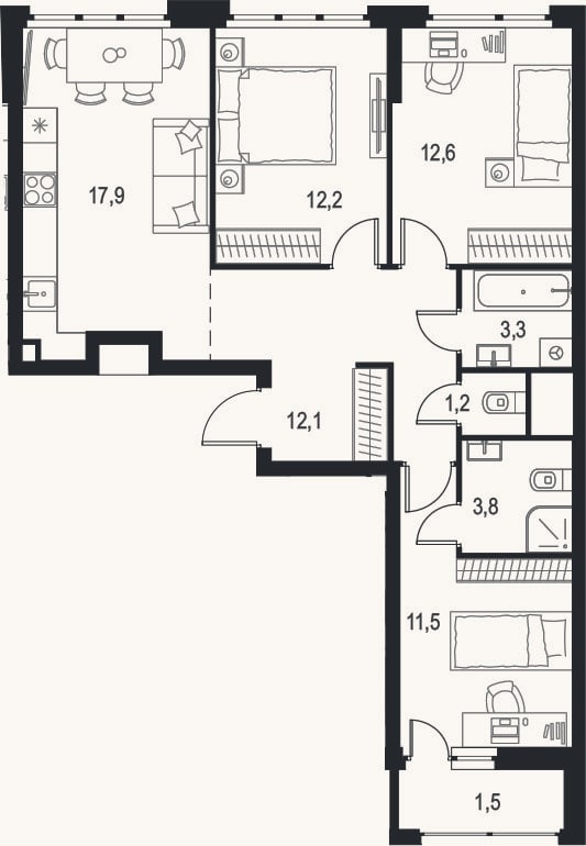 Планировка: 4+ к, 74,6 м²