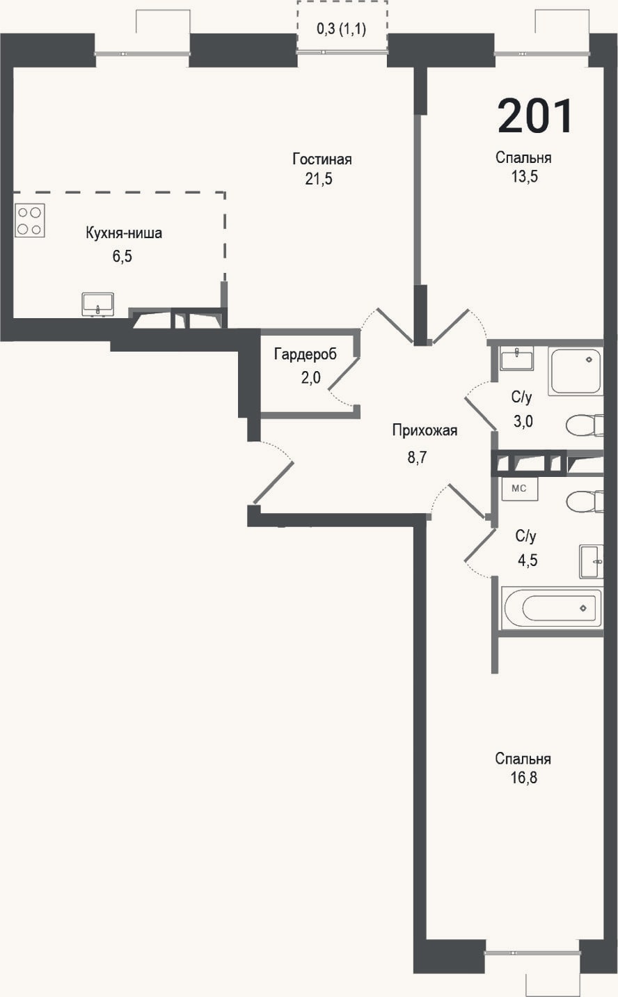 Планировка: 3-к, 76,5 м²