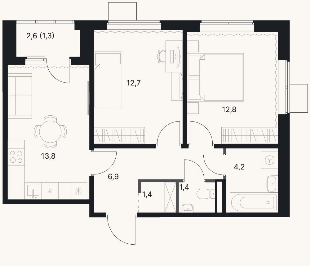 Планировка: 2-к, 53,2 м²