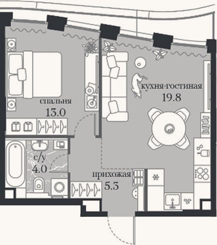 Планировка: 1-к, 42,1 м²
