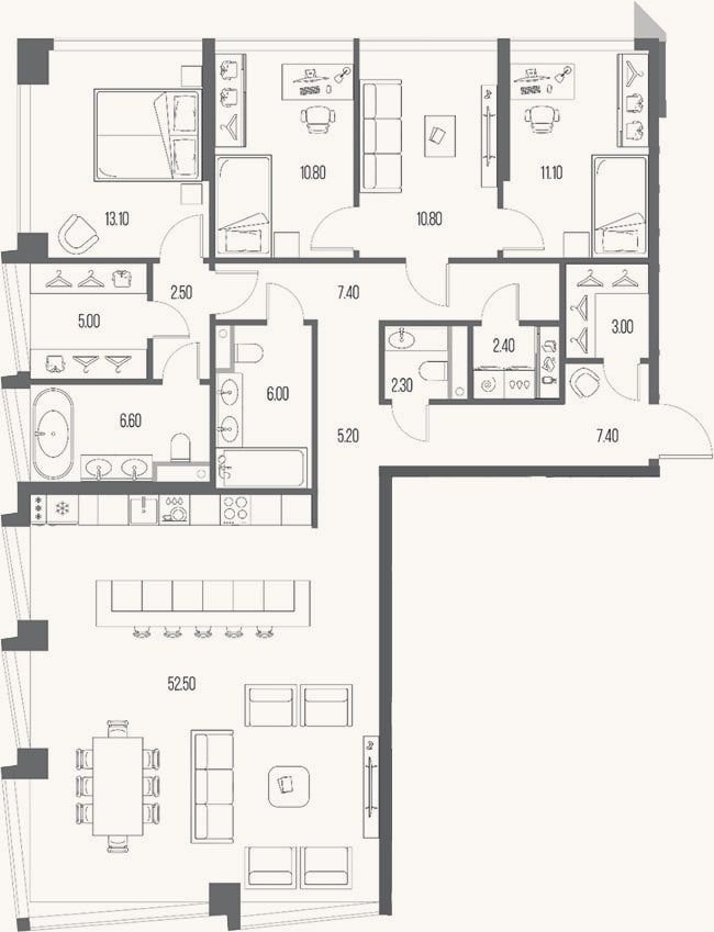 Планировка: 3-к, 146,1 м²