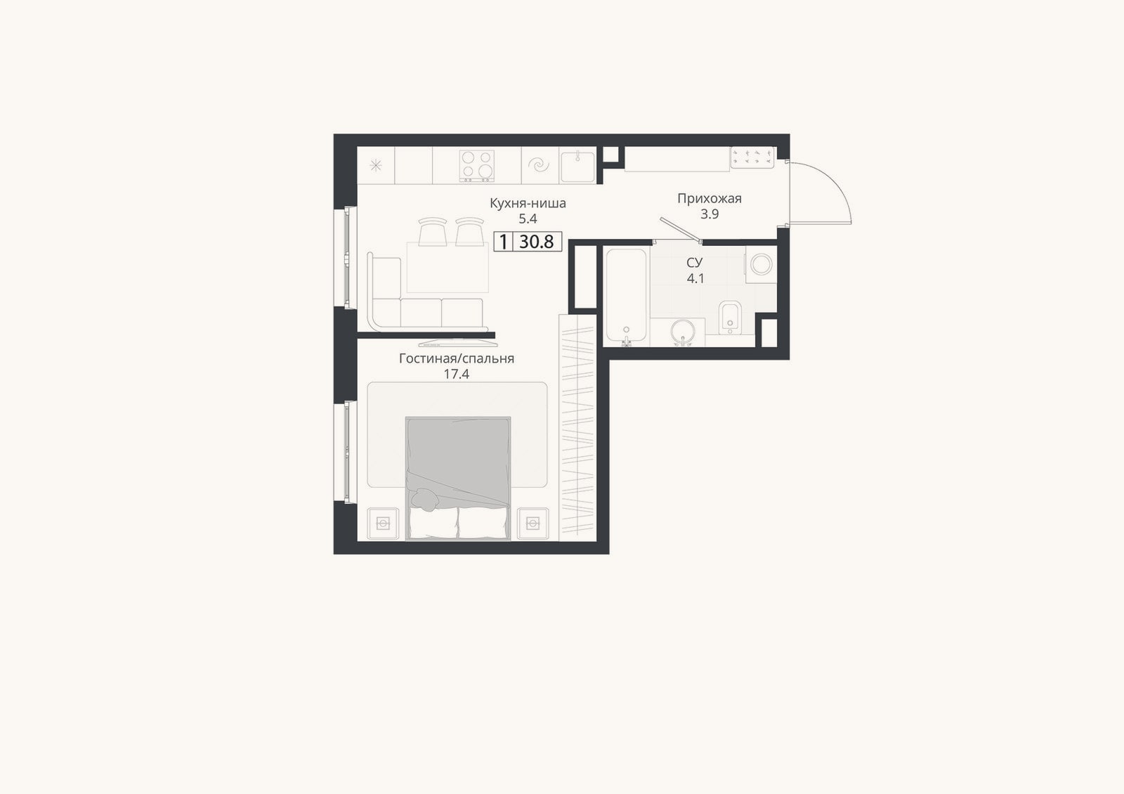 Планировка: Студия, 30,8 м²