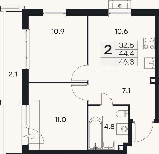 Планировка: 2-к, 44,2 м²