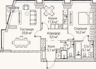Планировка: 2-к, 73,1 м²