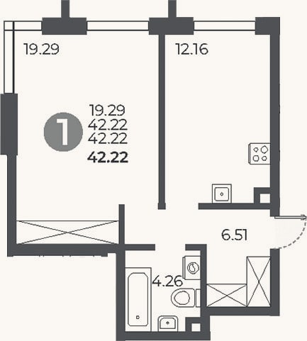Планировка: 1-к, 42,2 м²