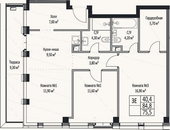 Планировка: 3-к, 75,5 м²