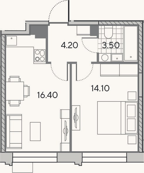 Планировка: 2-к, 38,2 м²