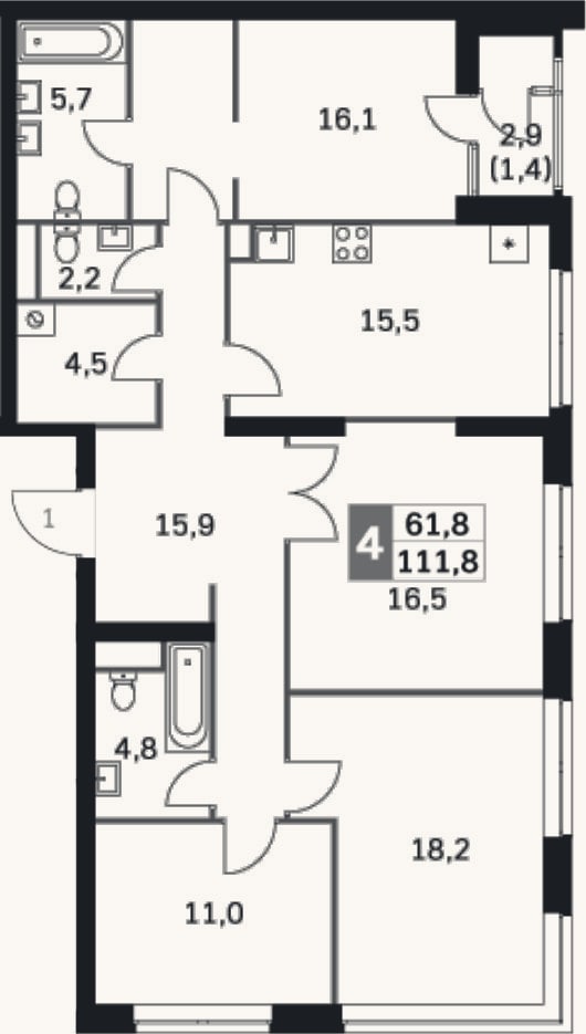 Планировка: 4+ к, 108,5 м²