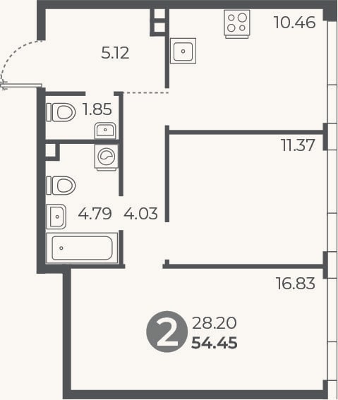 Планировка: 2-к, 54,5 м²