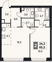 Планировка: 2-к, 60,5 м²