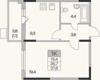 Планировка: 1-к, 36,7 м²