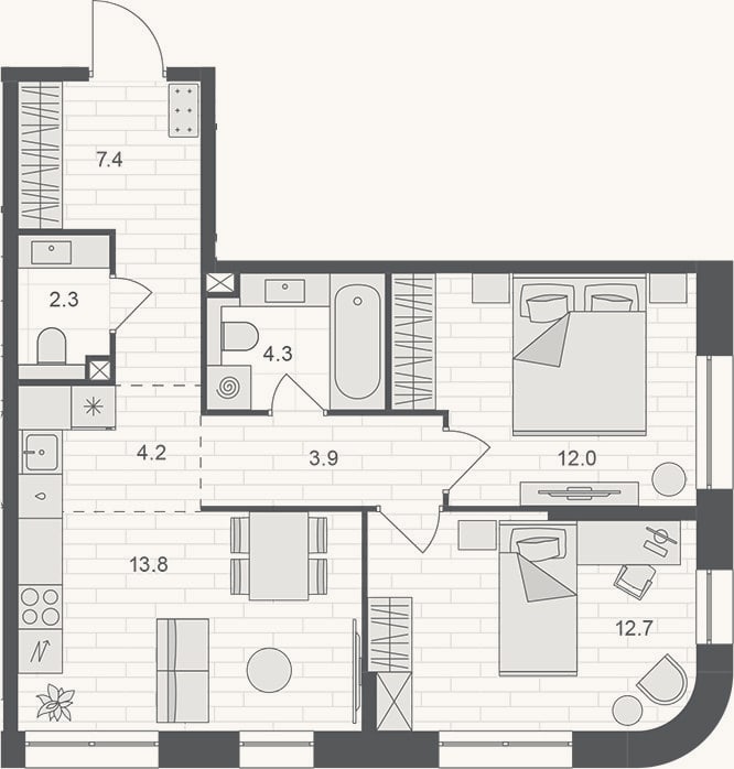 Планировка: 3-к, 60,6 м²