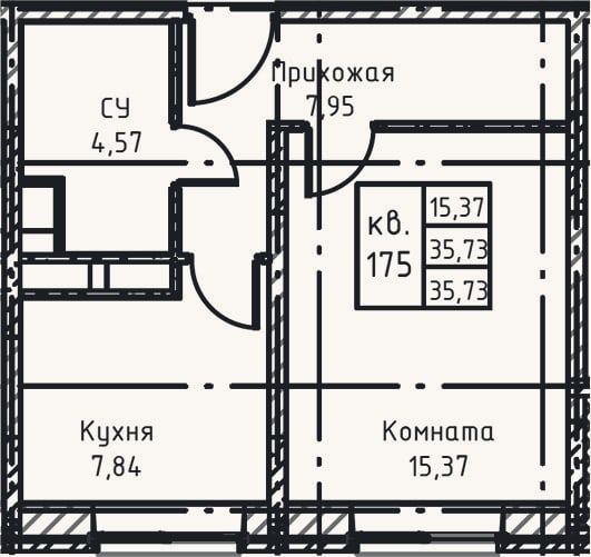 Планировка: 1-к, 35,7 м²