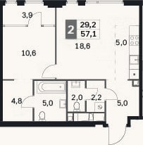 Планировка: 2-к, 53,2 м²