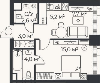 Планировка: 2-к, 37,6 м²