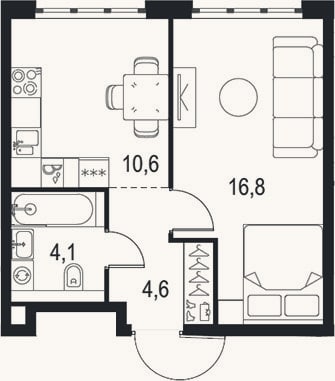 Планировка: 1-к, 36,1 м²