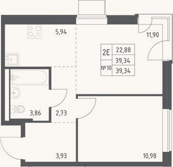 Планировка: 2-к, 39,3 м²