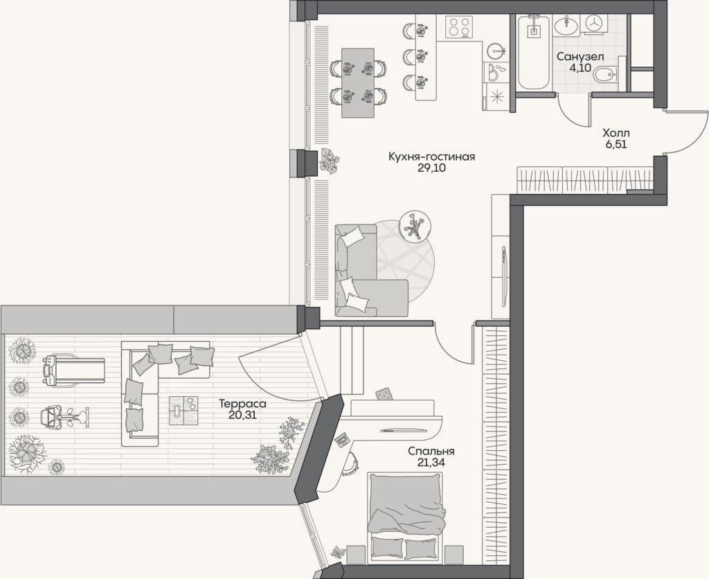 Планировка: 2-к, 58,7 м²