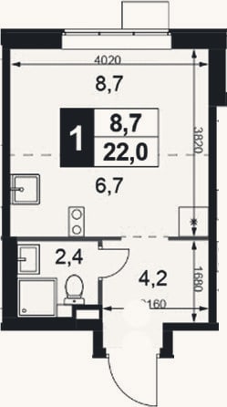 Планировка: Студия, 22 м²