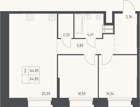 Планировка: 2-к, 64,9 м²