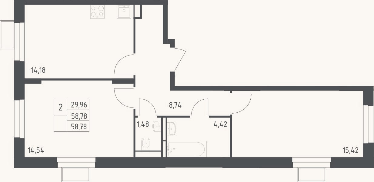 Планировка: 2-к, 58,8 м²