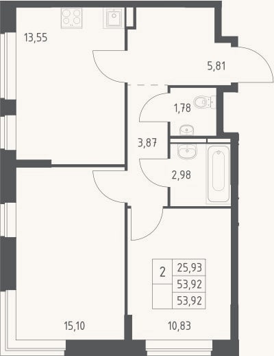 Планировка: 2-к, 53,9 м²