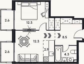 Планировка: 2-к, 40,3 м²