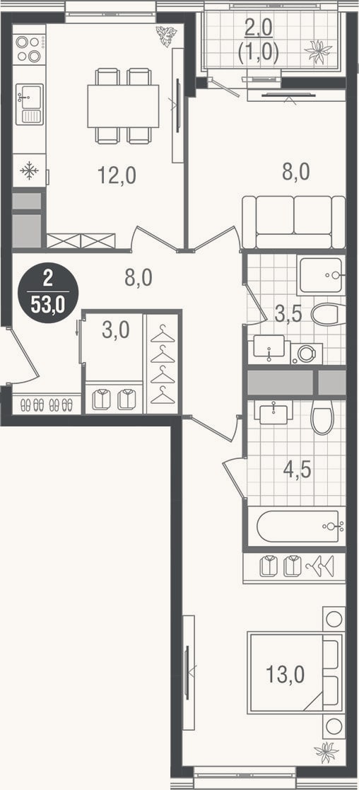 Планировка: 2-к, 52 м²