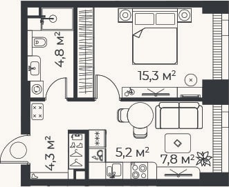 Планировка: 2-к, 37,3 м²
