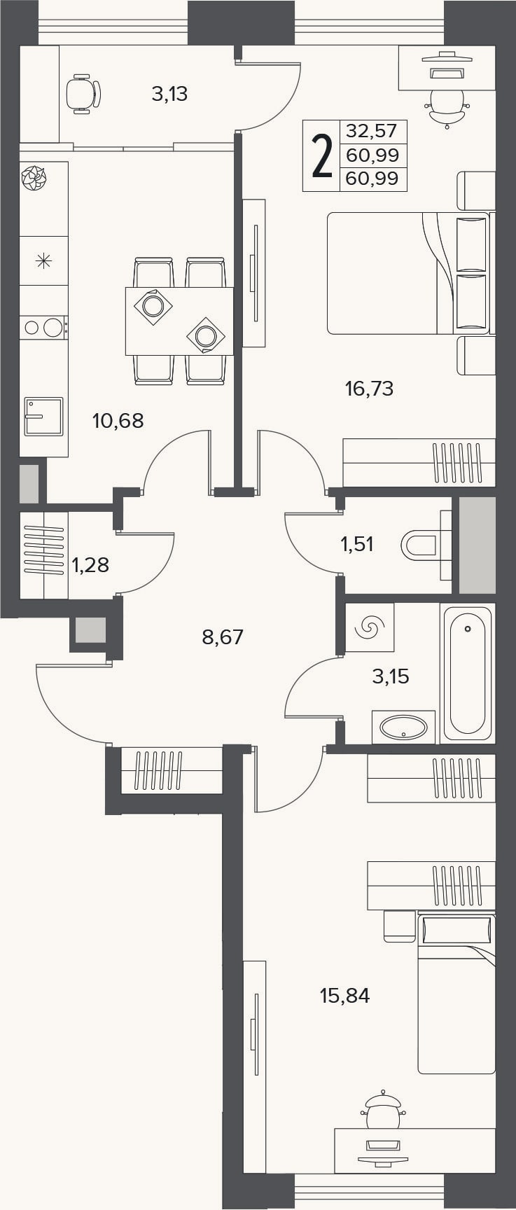 Планировка: 2-к, 61 м²