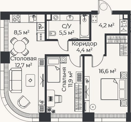 Планировка: 3-к, 63,8 м²