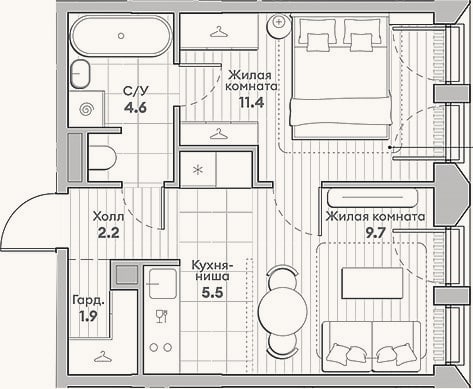 Планировка: 2-к, 35,3 м²