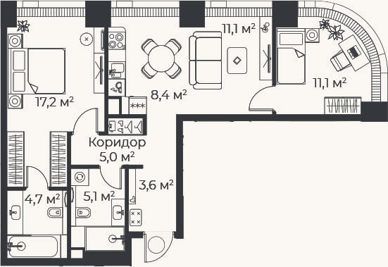 Планировка: 3-к, 66,3 м²