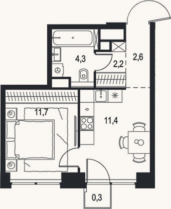 Планировка: 1-к, 32,2 м²