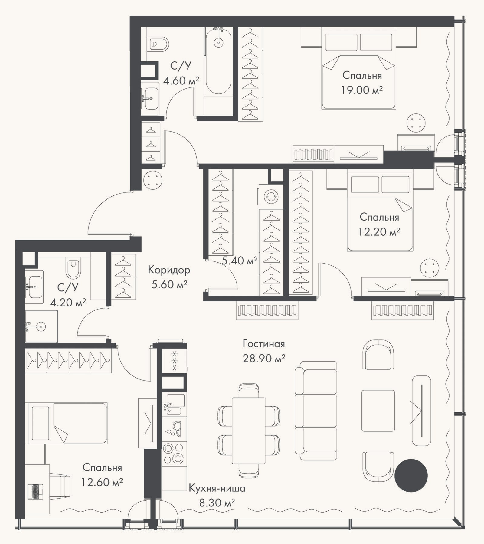 Планировка: 4+ к, 100,8 м²