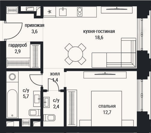 Планировка: 2-к, 47,3 м²