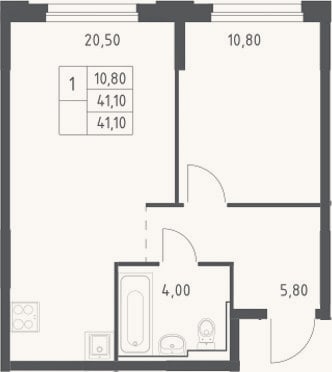 Планировка: 2-к, 41,1 м²