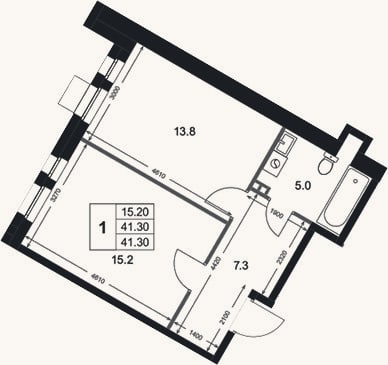 Планировка: 1-к, 41,3 м²