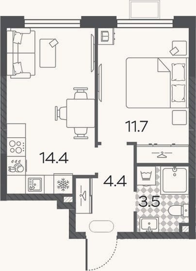 Планировка: 2-к, 34 м²