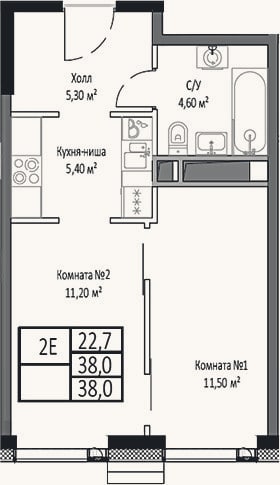 Планировка: 2-к, 38 м²