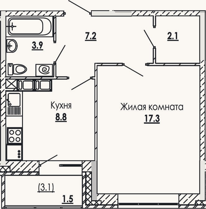 Планировка: 1-к, 39,3 м²