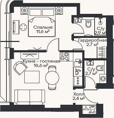 Планировка: 2-к, 38,9 м²