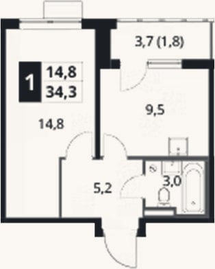 Планировка: 1-к, 32,5 м²