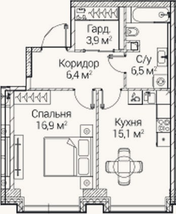 Планировка: 1-к, 48,8 м²