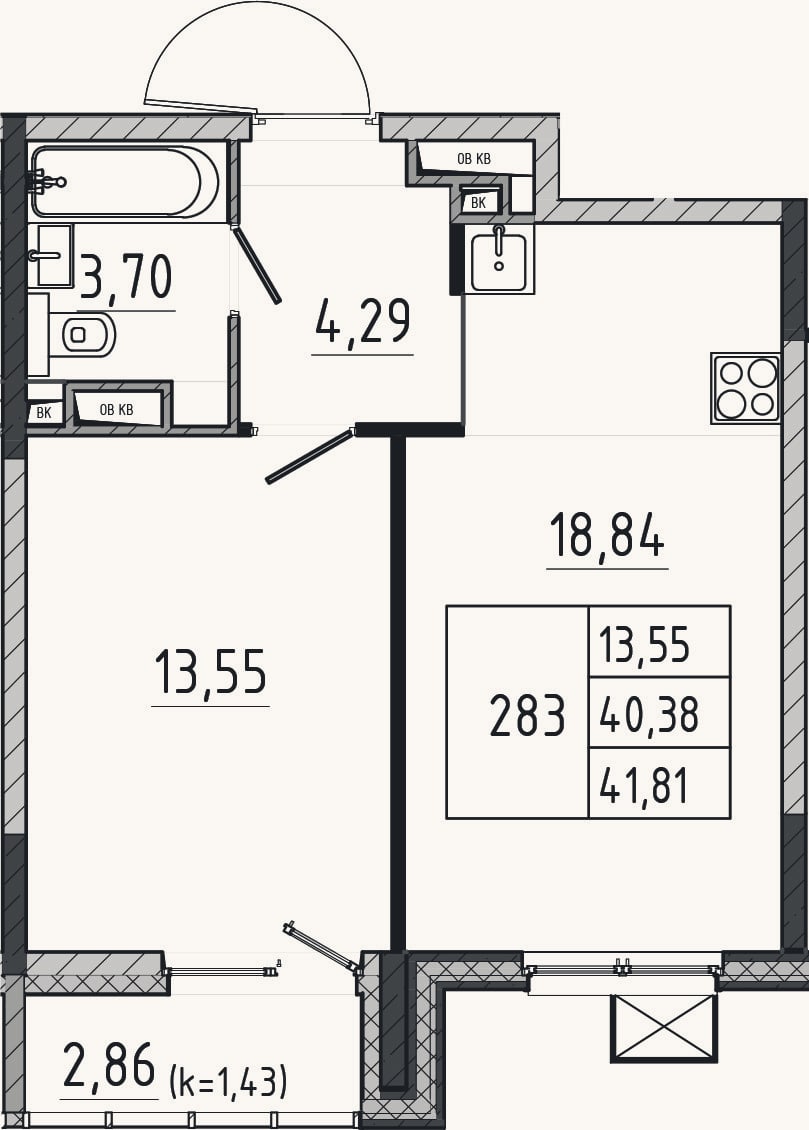 Планировка: 2-к, 40,4 м²