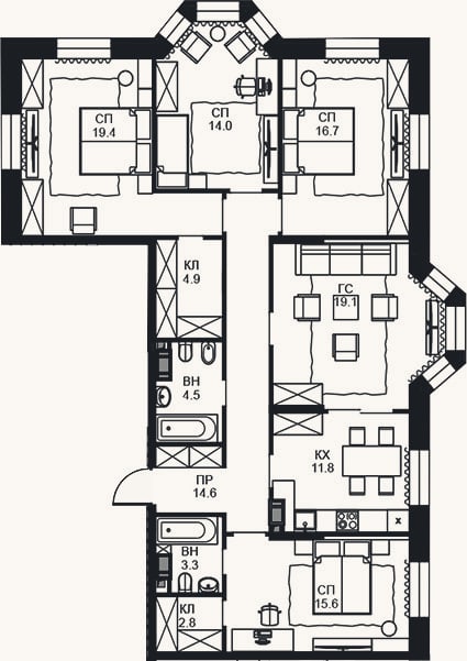 Планировка: 4+ к, 126,7 м²
