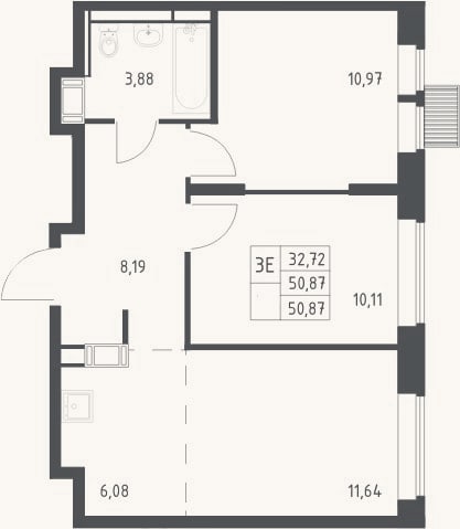Планировка: 3-к, 50,9 м²