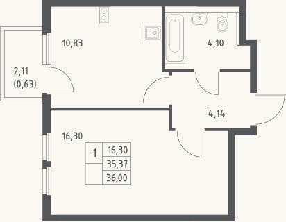 Планировка: 1-к, 35,4 м²